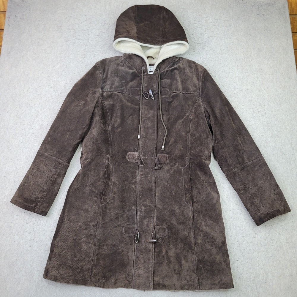 Covington Genuine Leather Long Coat Jacket Lined Womens L (14-16) Brown‎ Hooded